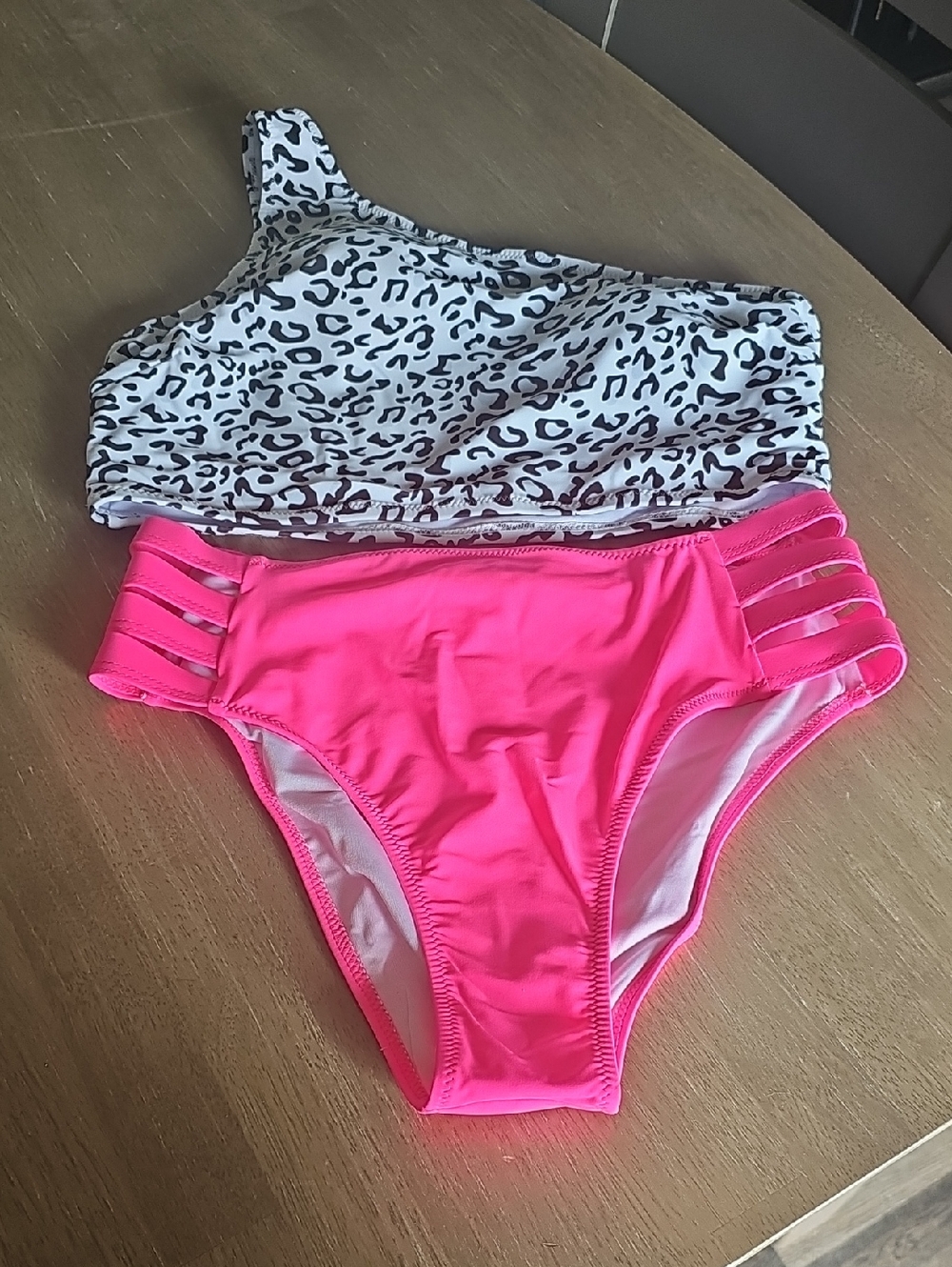 Leopard Print One-Shoulder Top with Neon Pink High-Waist Bikini Bottom